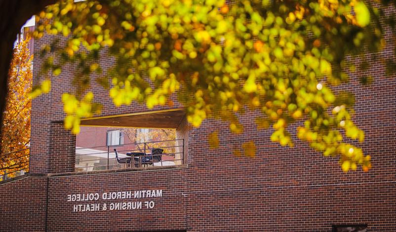 Martin-Herold College of Nursing & Health signage outside of Donnelly Center on Mount Mercy main campus